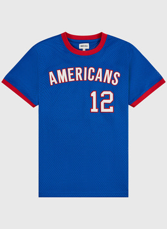 The Ebbets Field New Jersey Americans Mesh Soccer Jersey features blue mesh, red trim on the collar and sleeves, 