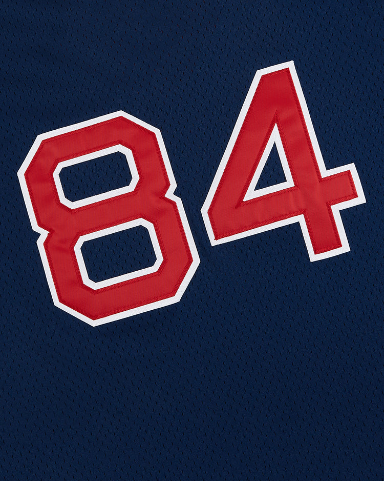 The image displays the number 84 in bold red and white outlined digits on a dark blue mesh fabric—featured on the Sam Adams Mesh V-Neck Jersey by Ebbets Field.