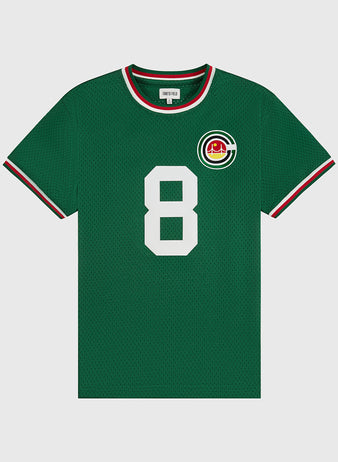 The Ebbets Field San Francisco Golden Gate Gales Mesh Soccer Jersey features green mesh, a bold white number 8, red/white/green trim on the collar and sleeves, and a circular red-and-yellow left chest patch—classic Gales style.