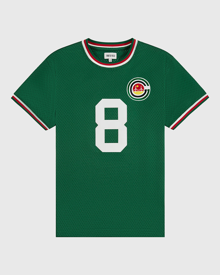 The Ebbets Field San Francisco Golden Gate Gales Mesh Soccer Jersey features green mesh, a bold white number 8, red/white/green trim on the collar and sleeves, and a circular red-and-yellow left chest patch—classic Gales style.