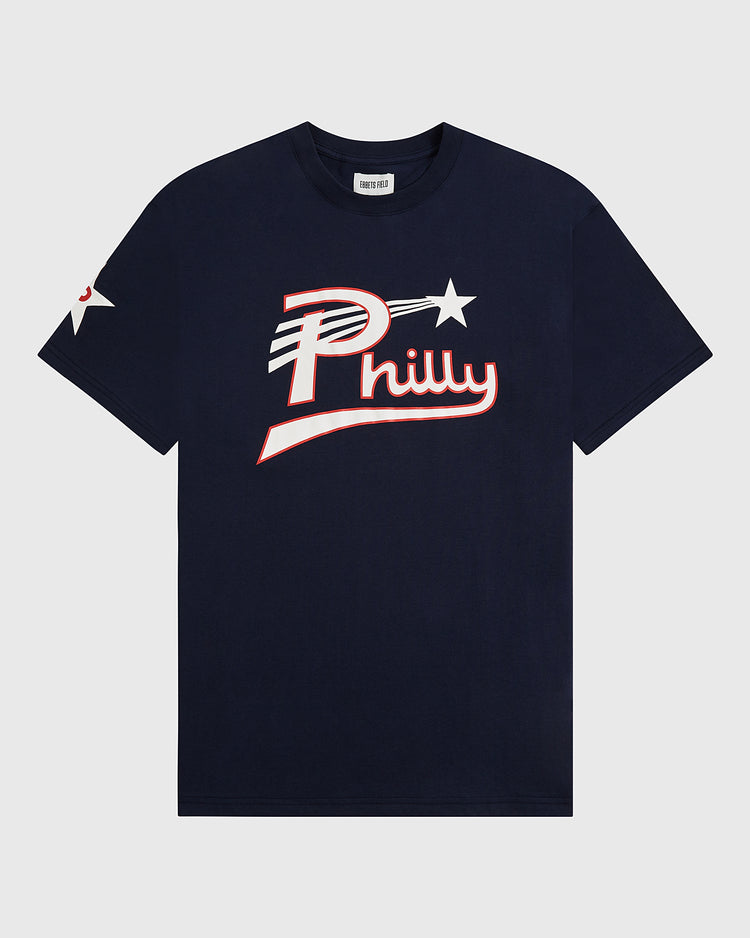 Ebbets Field Philadelphia Stars Short Sleeve Graphic T-Shirt in navy blue, featuring 