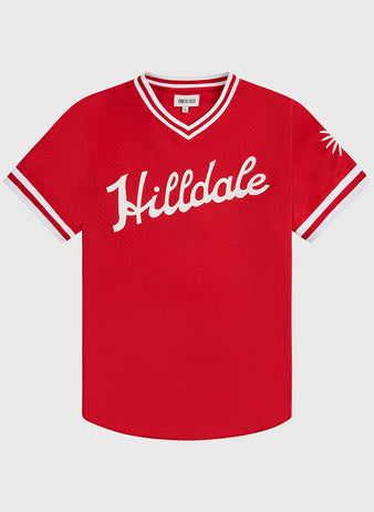 Experience an authentic tribute to Negro Leagues history with the Ebbets Field Hilldale Athletic Club 1924 V-Neck Mesh Jersey—a vivid red jersey inspired by the 1924 baseball era, featuring white trim on the collar and sleeves, classic white Hilldale script across the front, and a striking sunburst design on the left sleeve.