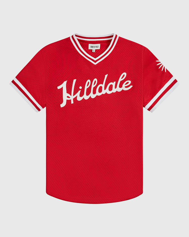 Experience an authentic tribute to Negro Leagues history with the Ebbets Field Hilldale Athletic Club 1924 V-Neck Mesh Jersey—a vivid red jersey inspired by the 1924 baseball era, featuring white trim on the collar and sleeves, classic white Hilldale script across the front, and a striking sunburst design on the left sleeve.