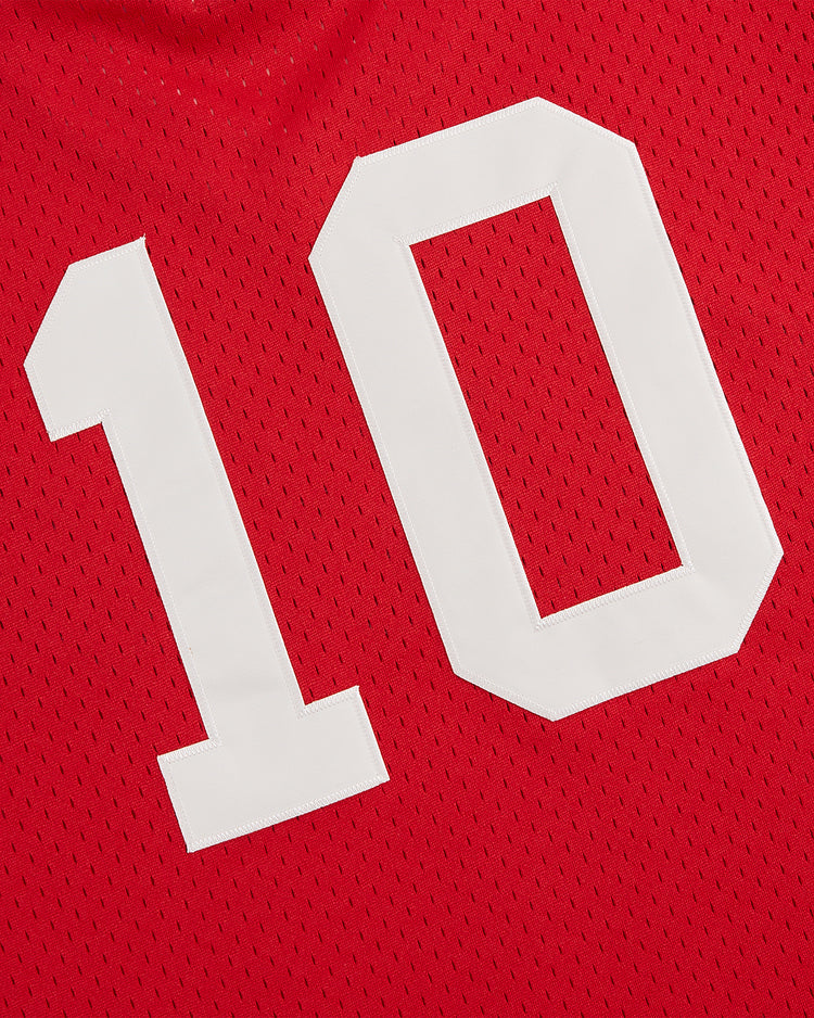 The Hilldale Athletic Club 1924 V-Neck Mesh Jersey by Ebbets Field is a red jersey inspired by the Negro Leagues, showcasing the number 10 in bold white print—a nod to baseball history from 1924.