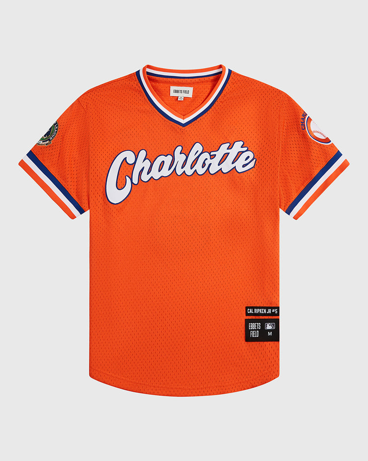 Inspired by the classic Cal Ripken Jr. Charlotte Orioles jersey, the Ebbets Field Cal Ripken Jr. Charolette Orioles Mesh V-Neck Jersey features bright orange mesh, 