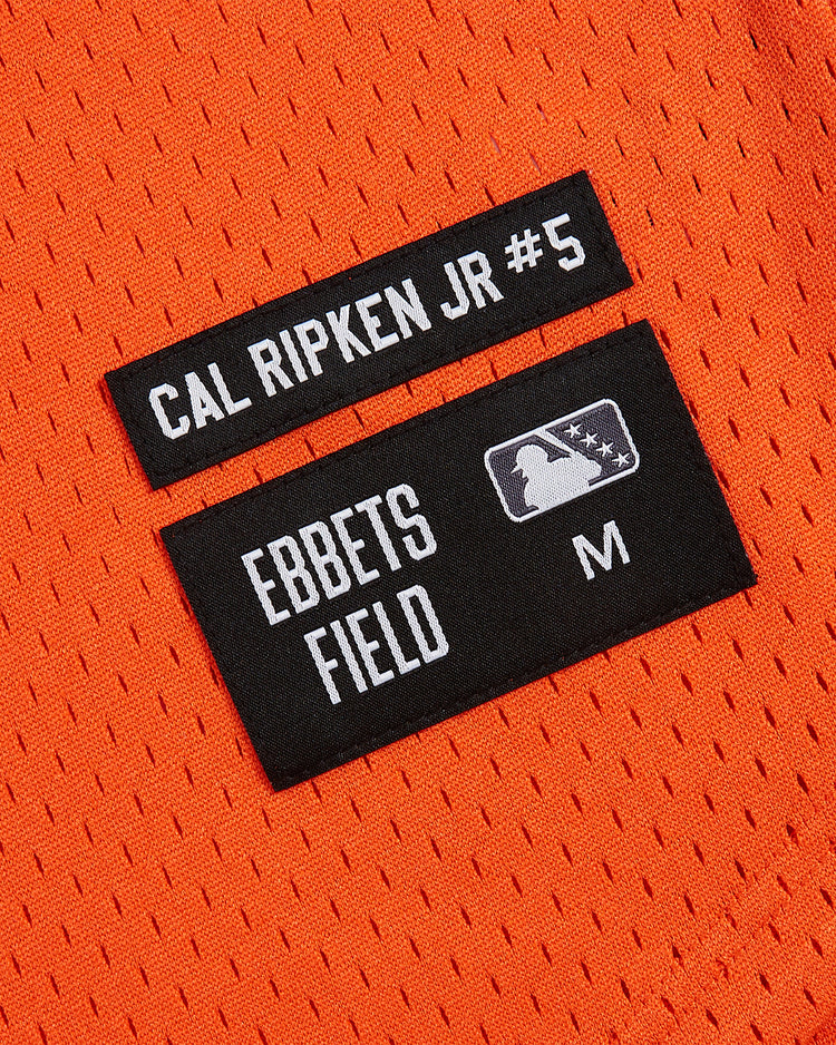 Two black patches on orange mesh fabric—ideal for the classic Cal Ripken Jr. Charlotte Orioles Mesh V-Neck Jersey by Ebbets Field. One patch reads CAL RIPKEN JR #5, evoking the vintage style from Ripken's days with the Charlotte Orioles, while the other features EBBETS FIELD with the MLB logo and an M denoting medium size.