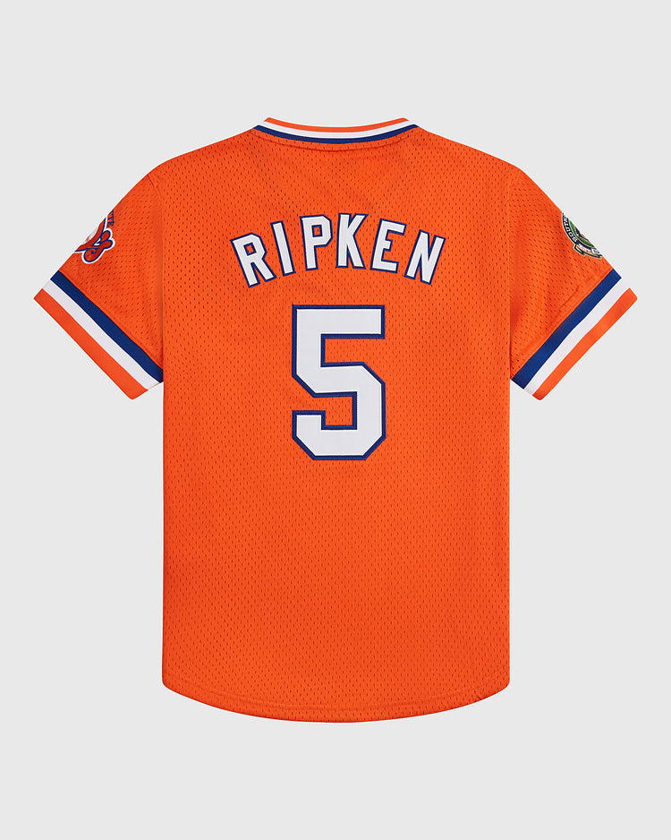 This vibrant orange Cal Ripken Jr. Charlotte Orioles Mesh V-Neck Jersey by Ebbets Field features 