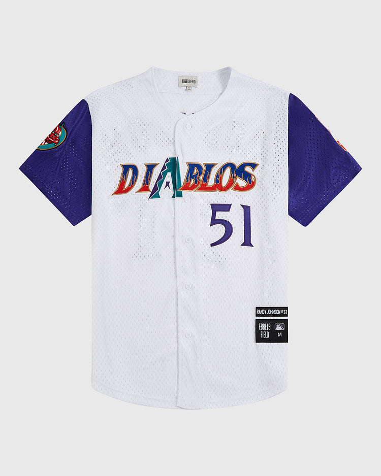 The Ebbets Field Randy Johnson El Paso Diablos Button Up Mesh Jersey features a white and purple mesh design with 