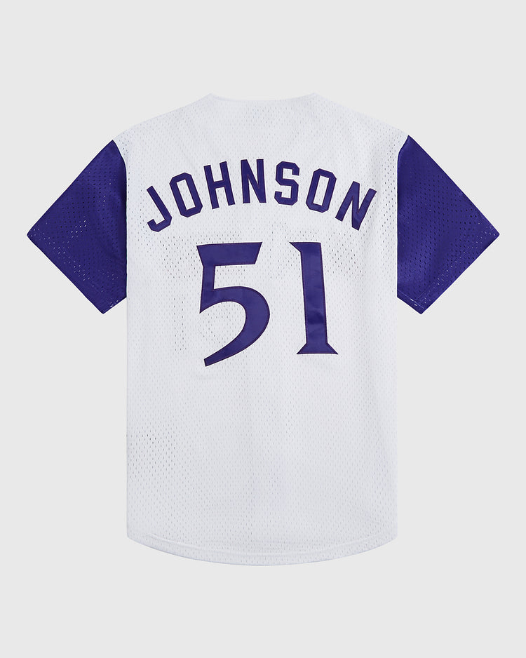 A white Ebbets Field Randy Johnson El Paso Diablos Button Up Mesh Jersey featuring purple sleeves and 