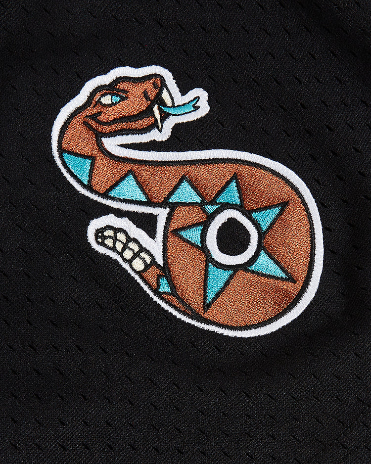 Embroidered patch of a coiled brown snake featuring turquoise geometric patterns and a white outline on black textured fabric, inspired by the iconic look of the Ebbets Field Randy Johnson Tucson Sidewinders Button Up Mesh Jersey.