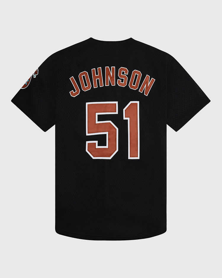 The Ebbets Field Randy Johnson Tucson Sidewinders Button Up Mesh Jersey features a classic black design, with 