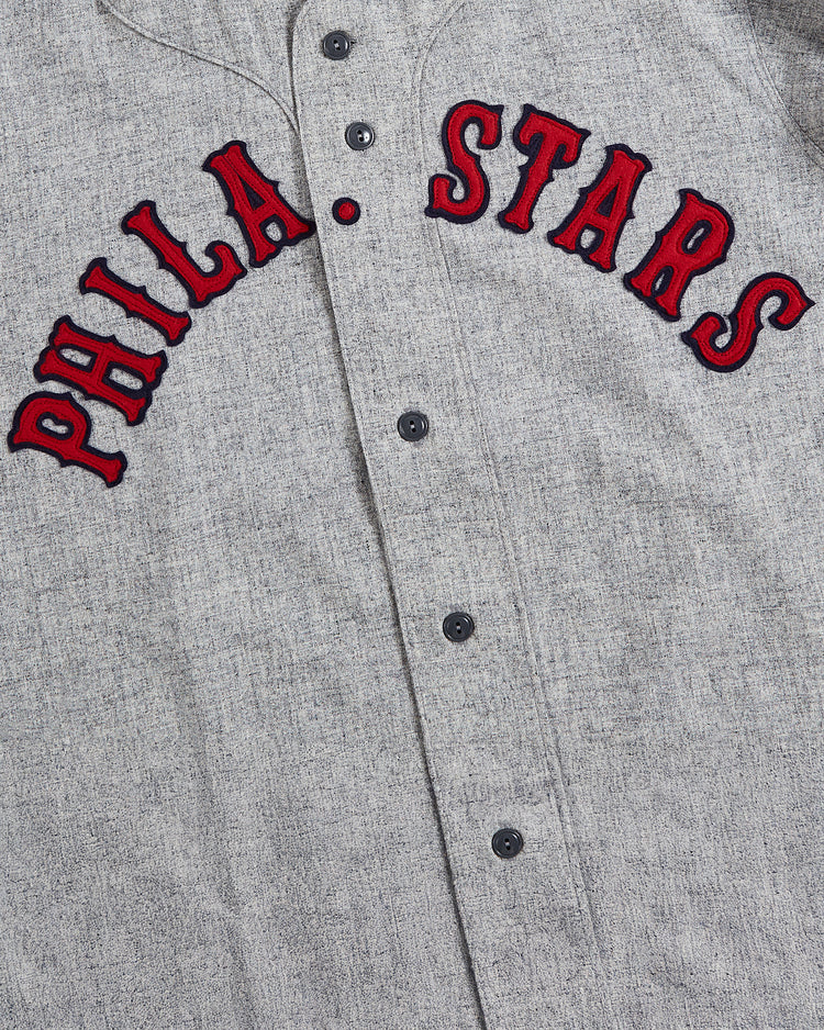 The Ebbets Field Philadelphia Stars 1939 Wool Authentic Road Jersey is a classic gray button-up jersey featuring 