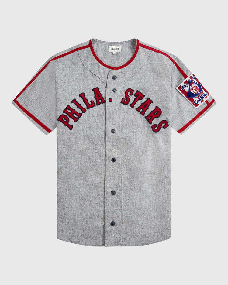 The Ebbets Field Philadelphia Stars 1939 Wool Authentic Road Jersey is a gray wool baseball jersey with red trim, 