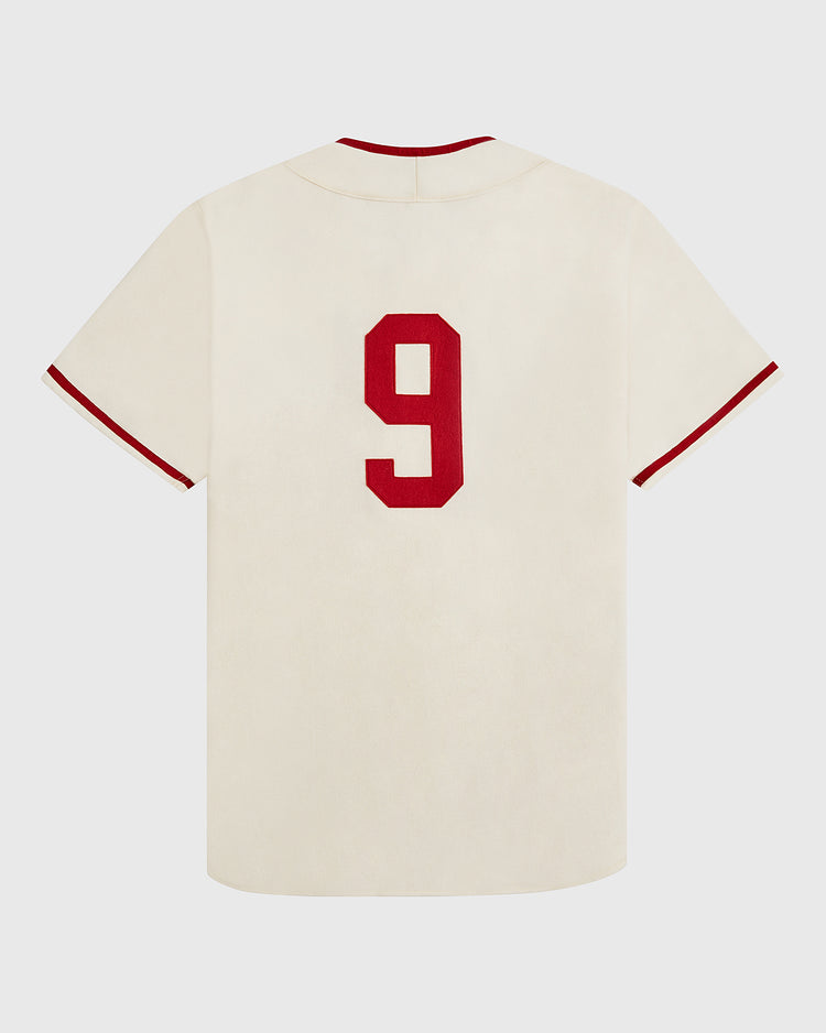 The Hilldale Giants 1929 Wool Home Authentic Jersey by Ebbets Field is a cream-colored baseball jersey with red trim on the sleeves and collar, featuring a bold red number 9 on the back, inspired by the original wool jerseys worn by the 1929 Hilldale Giants of Negro League baseball.