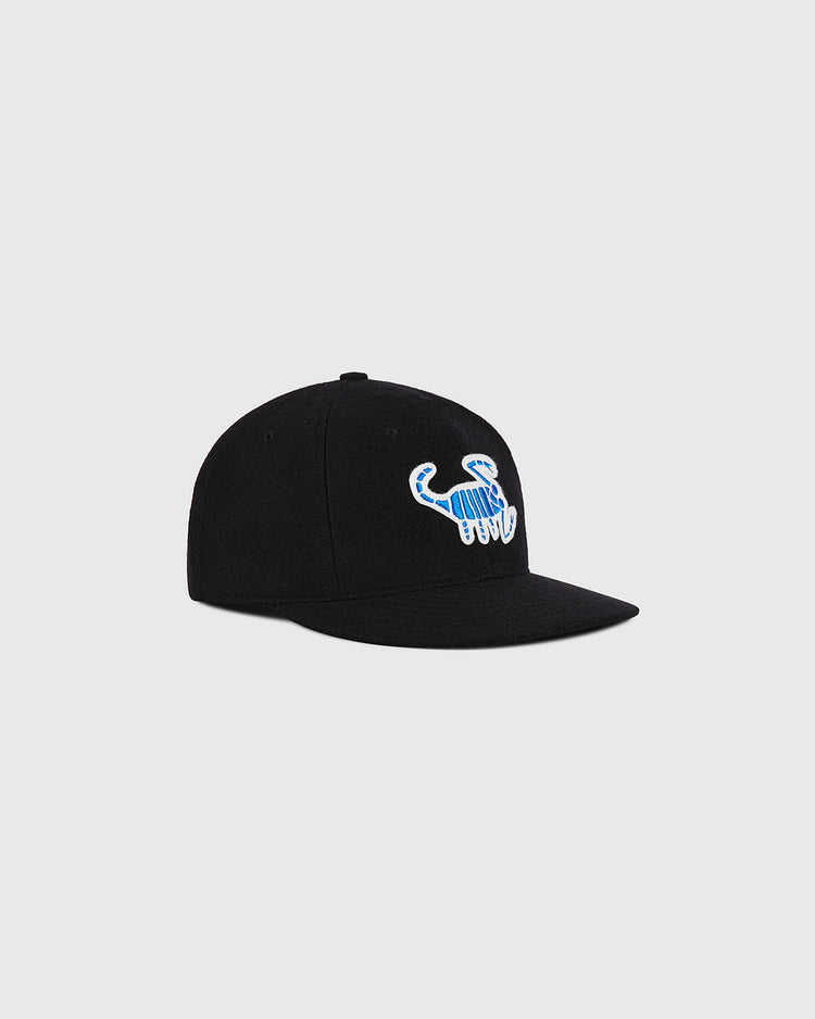 The Ebbets Field Almendares Alacranes 1948 Authentic Wool Ballcap is a black cap featuring a blue and white embroidered scorpion design on the front, displayed against a plain light gray background.
