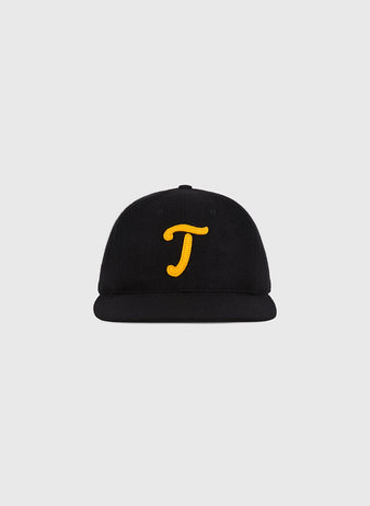 A Mexico City Tigres 1959 Authentic Wool Ballcap by Ebbets Field, featuring a yellow letter J embroidered on the front, is displayed against a plain light gray background.