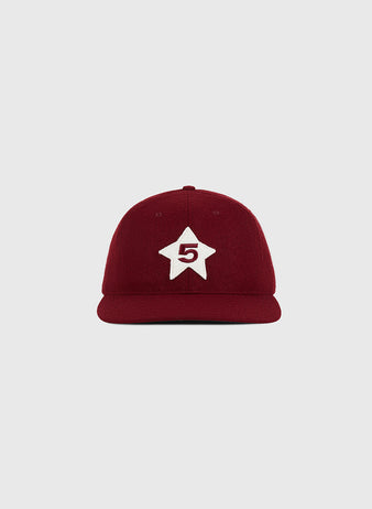 The Cordoba Cafeteros 1958 Authentic Wool Ballcap by Ebbets Field, featuring a white star patch and a red number 5 on the front, is displayed against a plain light gray background.