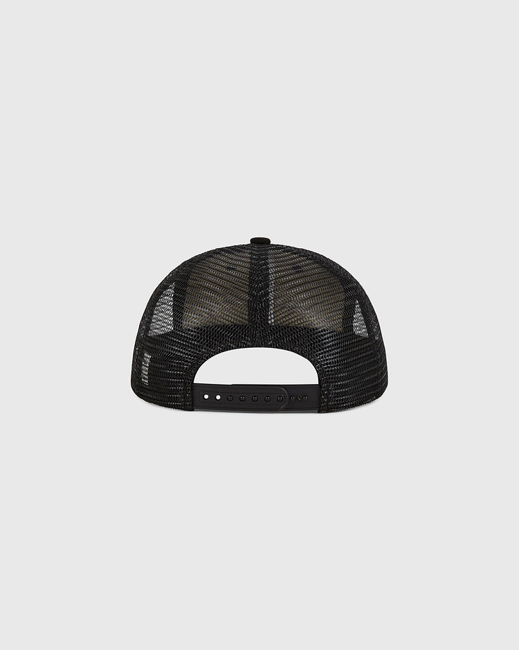 The back view of the Osaka Tigers Wool Mesh Trucker Ballcap by Ebbets Field, featuring a black mesh design and an adjustable snapback closure, displayed against a plain light gray background.
