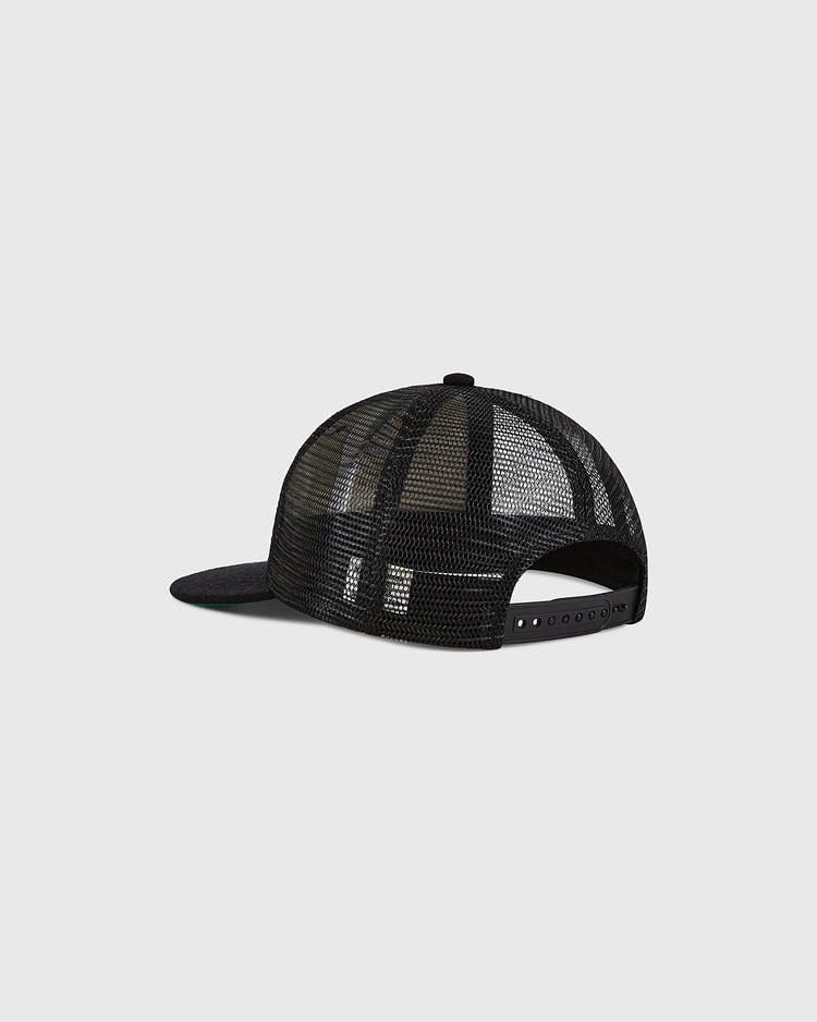 The Ebbets Field Osaka Tigers Wool Mesh Trucker Ballcap is displayed from the back, highlighting its snapback closure and curved brim, against a plain light gray background.