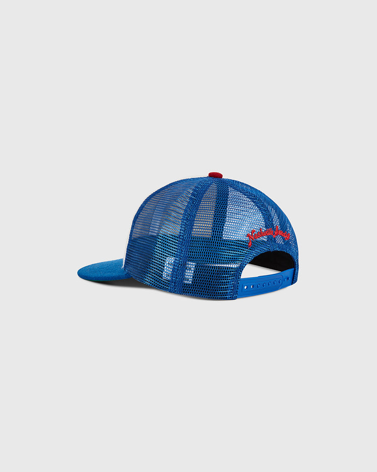 The Nashville Sounds Mesh Trucker Ballcap by Ebbets Field is shown from the back, highlighting its adjustable snap closure and red embroidered text positioned above the opening. The front panel and visor are solid blue, complemented by breathable blue mesh on the sides and back.