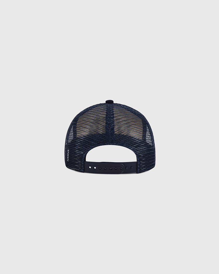 The Ebbets Field USA Wool Mesh Mesh Trucker Ballcap is displayed from the back, showcasing its black adjustable snapback strap against a light gray background.