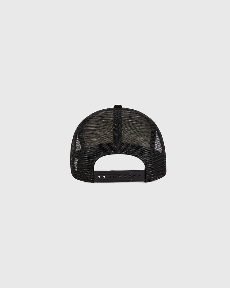 An Ebbets Field New York Black Yankees Mesh Trucker Ballcap is shown from the back, highlighting its curved shape and plastic adjustable snap closure, set against a plain gray background.