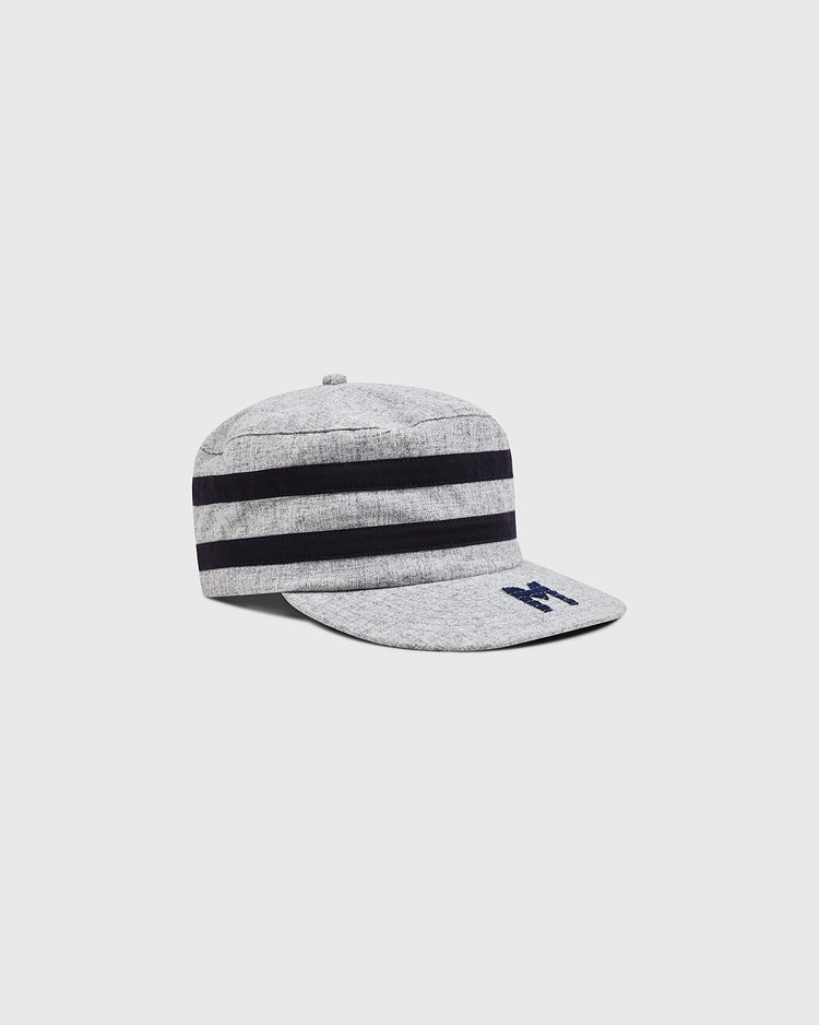 The Ebbets Field Milwaukee Brewers (AA) 1905 Pillbox Cap is a vintage-style wool baseball cap in gray, featuring two black horizontal stripes and a small black “M” on the brim, shown against a plain light gray background.