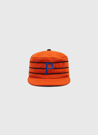 An orange Ebbets Field Phoenix Giants 1983 Pillbox Cap with horizontal black stripes and a blue letter P on the front, displayed against a plain light gray background. This vintage wool pillbox cap is a faithful baseball hat reproduction that embodies the classic spirit of historic teams.