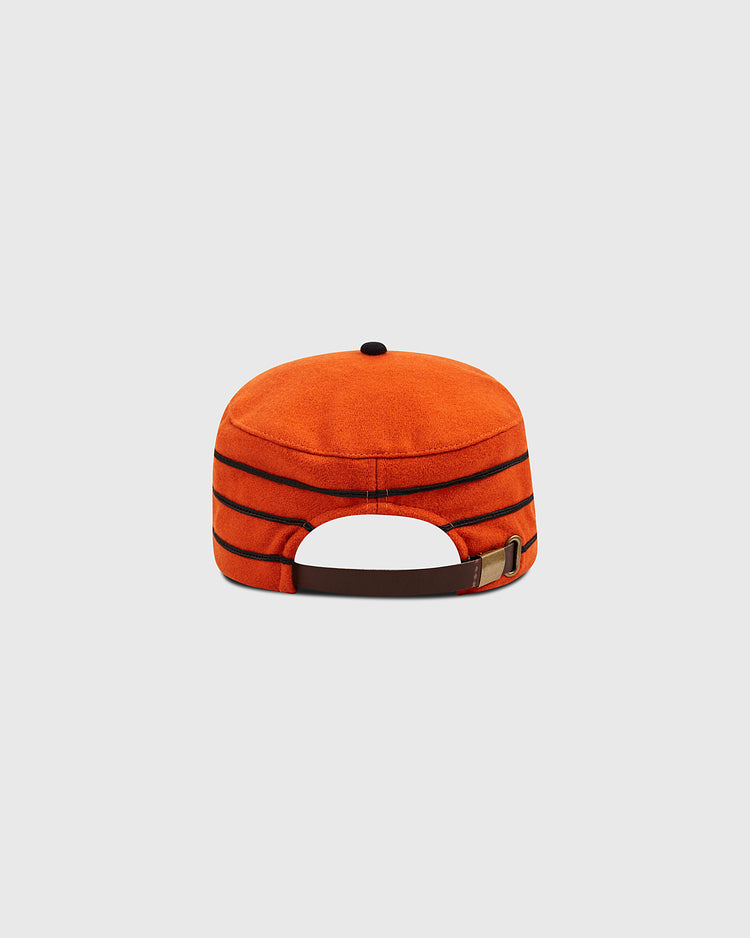 The Phoenix Giants 1983 Pillbox Cap by Ebbets Field is shown from the back, displaying black horizontal stripes and an adjustable brown strap with a metal buckle. Reminiscent of a vintage wool pillbox hat, this design evokes classic baseball style against a plain light gray background.