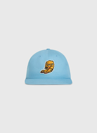 The Ebbets Field Nishitetsu Lions 1971 Cotton Twill Ballcap is a light blue cap with an embroidered yellow tiger eating pizza on the front, offering a playful take on the classic design and shown against a plain white background.