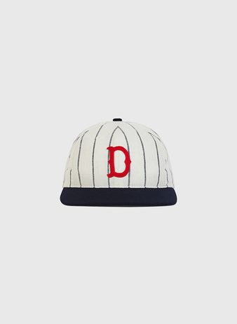 Detroit Stars 1920 Authentic Wool Ballcap by Ebbets Field, an off-white baseball cap with thin black pinstripes, a dark navy brim, and a red letter D embroidered on the front.