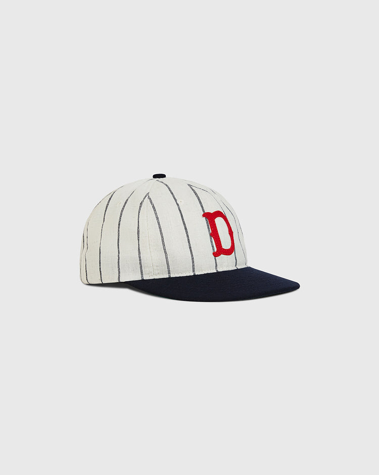 Detroit Stars 1920 Authentic Wool Ballcap in off-white with thin black pinstripes, a dark blue brim, and a red letter D embroidered on the front.