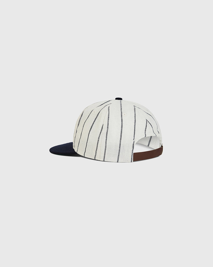 Ebbets Field Detroit Stars 1920 Authentic Wool Ballcap in white with thin black pinstripes, a dark brim, and a brown leather adjustable back strap.