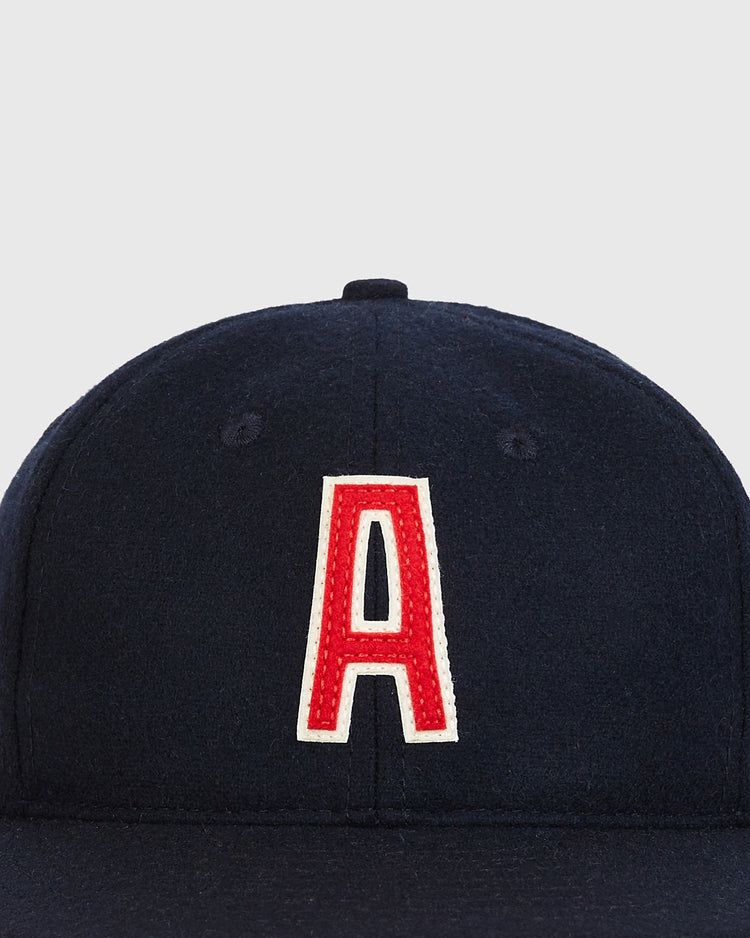 Ebbets Field Atlanta Black Crackers 1940 Authentic Wool Ballcap in navy blue with a red felt letter A outlined in cream.