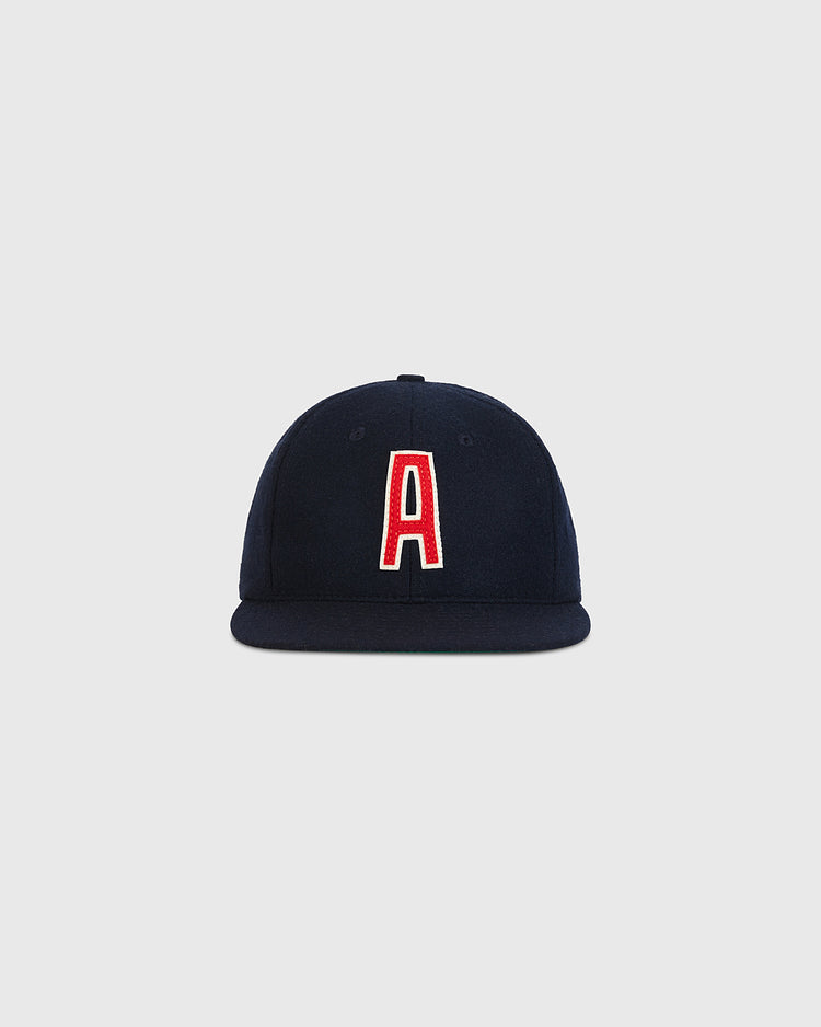 Ebbets Field Atlanta Black Crackers 1940 Authentic Wool Ballcap in dark navy, featuring a red letter A with white trim on the front.