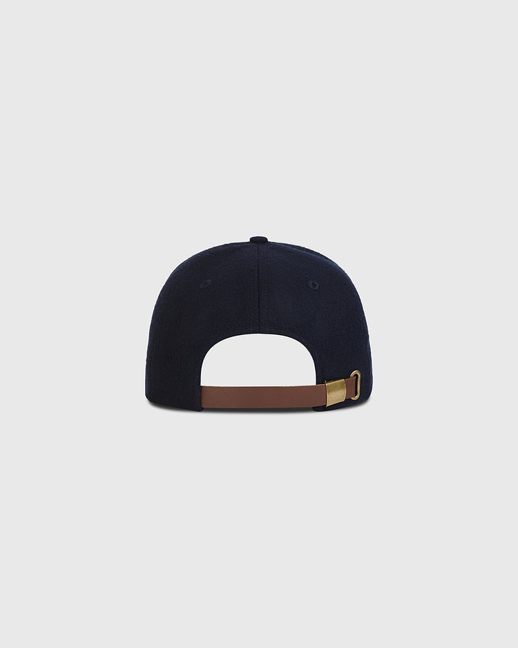 Back view of the navy Atlanta Black Crackers 1940 Authentic Wool Ballcap by Ebbets Field, featuring a brown leather adjustable strap with a gold-tone metal buckle.