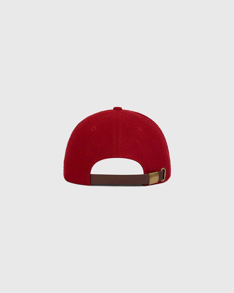 The Ebbets Field Daiei Stars 1949 Authentic Wool Ballcap is shown from the back, with a brown adjustable strap and brass buckle, set against a plain light gray background—an original wool cap inspired by vintage Japanese baseball memorabilia and the legendary Daiei Stars design.