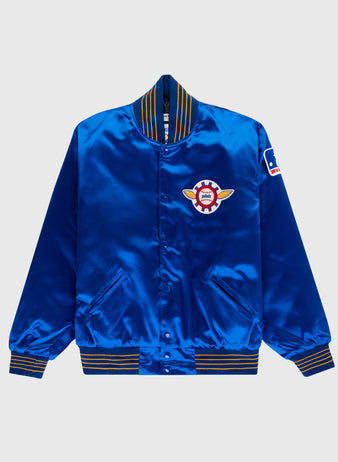 The EFF Seattle Pilots 1969 Authentic All Satin Varsity Jacket features bright blue satin, striped ribbed trim, a winged gear chest patch, and a small left sleeve patch—making it a true replica team jacket.