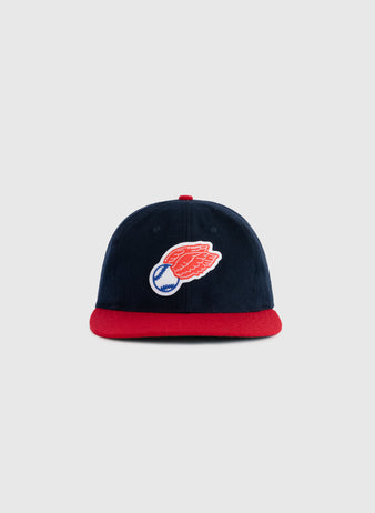 The EFF Rochester Red Wings 1950 Authentic Wool Ballcap features navy wool, a red brim, and an embroidered winged baseball logo on the front. Shown against a plain light gray background.