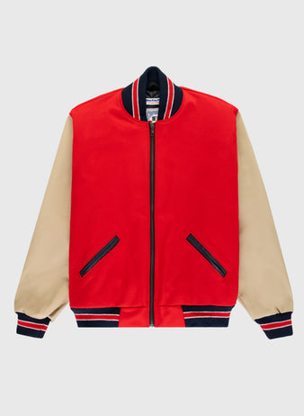 The EFF Cincinnati Reds 1940 Authentic Wool & Leather Jacket features a red body, beige sleeves, black/red striped collar, cuffs, and hem, and black-trimmed pockets for classic vintage style. Shown on a light gray background.