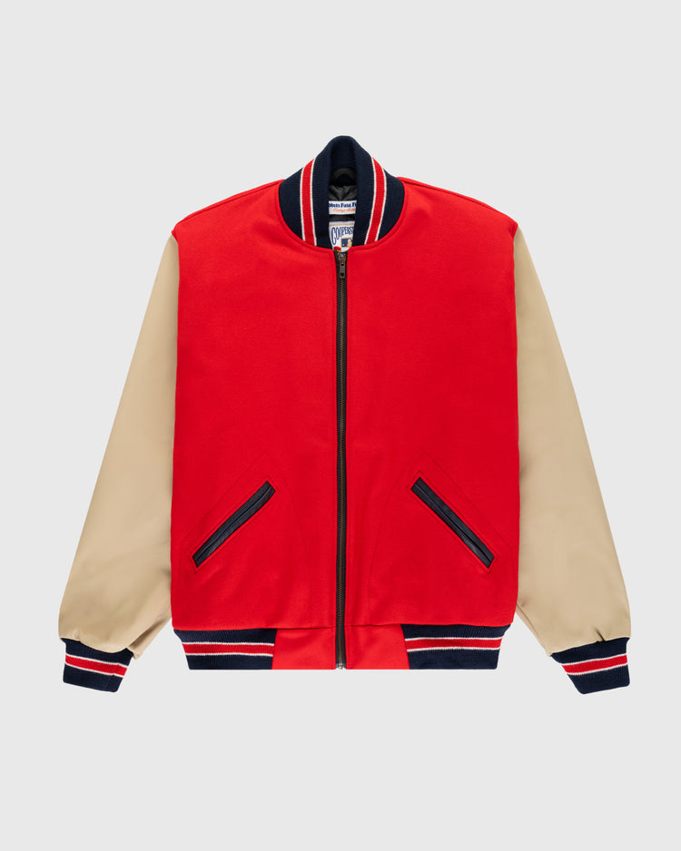The EFF Cincinnati Reds 1940 Authentic Wool & Leather Jacket features a red body, beige sleeves, black/red striped collar, cuffs, and hem, and black-trimmed pockets for classic vintage style. Shown on a light gray background.