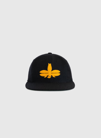 A black EFF Tombow Unions 1955 Authentic Wool Ballcap with a yellow embroidered stylized Dragonfly logo on the front, shown against a plain light gray background.