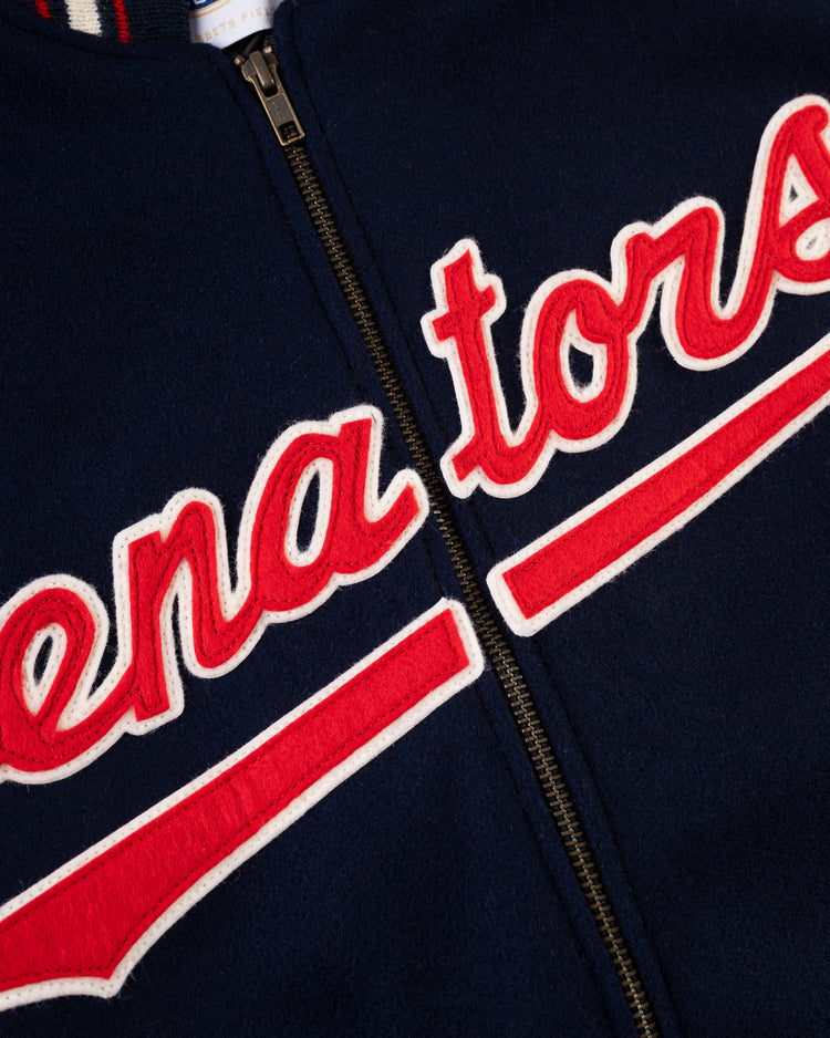 Close-up of the EFF Washington Senators 1966 Authentic All Wool Varsity Jacket in navy, with Senators in red and white script and a front zipper—ideal for vintage baseball fans.