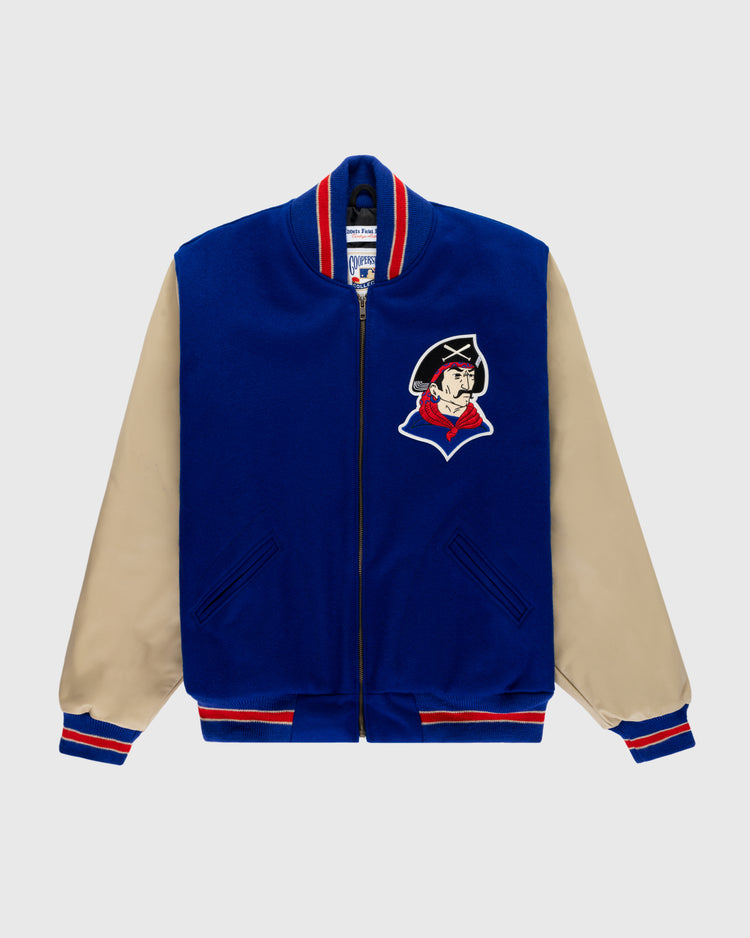 The EFF Pittsburgh Pirates 1945 Authentic Wool & Leather Varsity Jacket features royal blue wool, tan leather sleeves, red-white-blue striped cuffs and collar, and a patriot head patch—a standout replica baseball jacket.