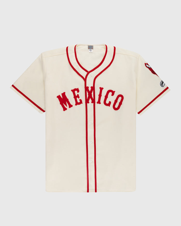 The EFF Mexico City Red Devils 1957 Authentic Wool Home Jersey features cream wool, red trim and buttons, 