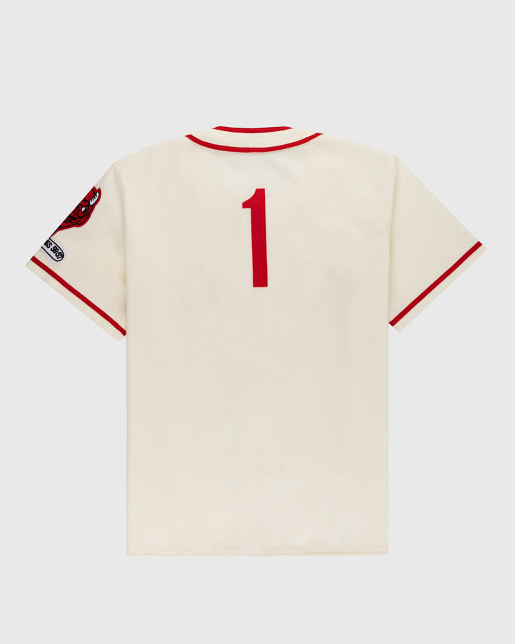 The EFF Mexico City Red Devils 1957 Authentic Wool Home Jersey is a cream short-sleeve jersey with red trim, a bold red number 1 on the back, and a left sleeve patch featuring a red bird, inspired by the iconic team design.