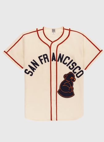 Cream-colored vintage 1946 San Francisco Sea Lions Authentic Wool Home Jersey by EFF, featuring red piping, bold navy 