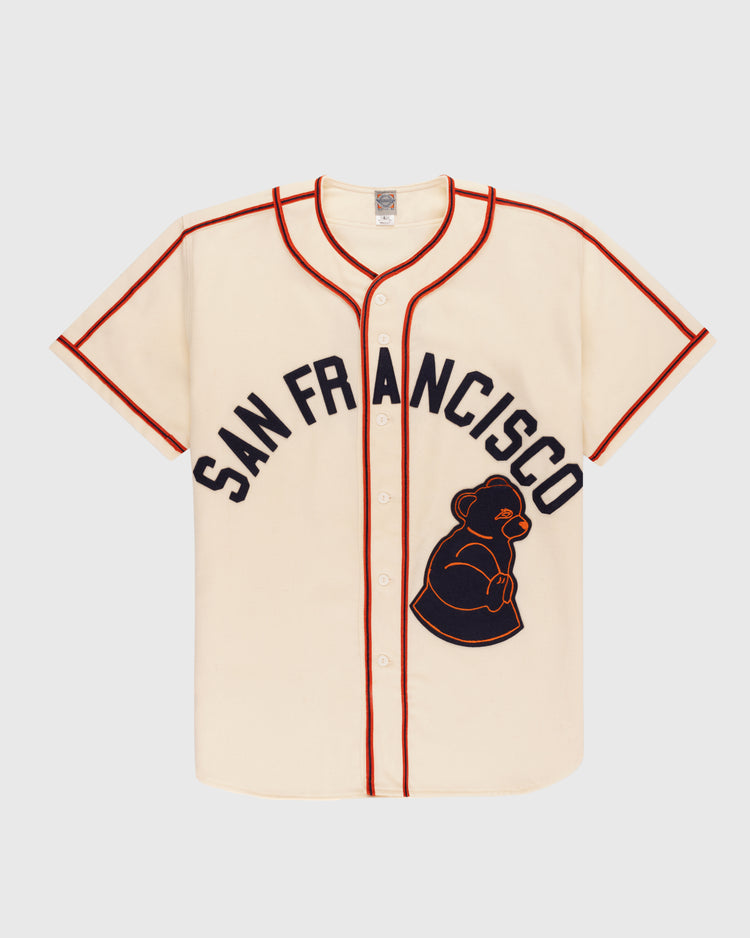 Cream-colored vintage 1946 San Francisco Sea Lions Authentic Wool Home Jersey by EFF, featuring red piping, bold navy 
