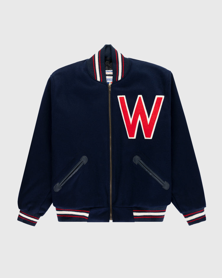 The EFF Washington Senators (Nationals) 1951 Authentic All Wool Varsity Jacket is navy with red and white striped cuffs, collar, hem, and a large red and white W patch on the left chest.