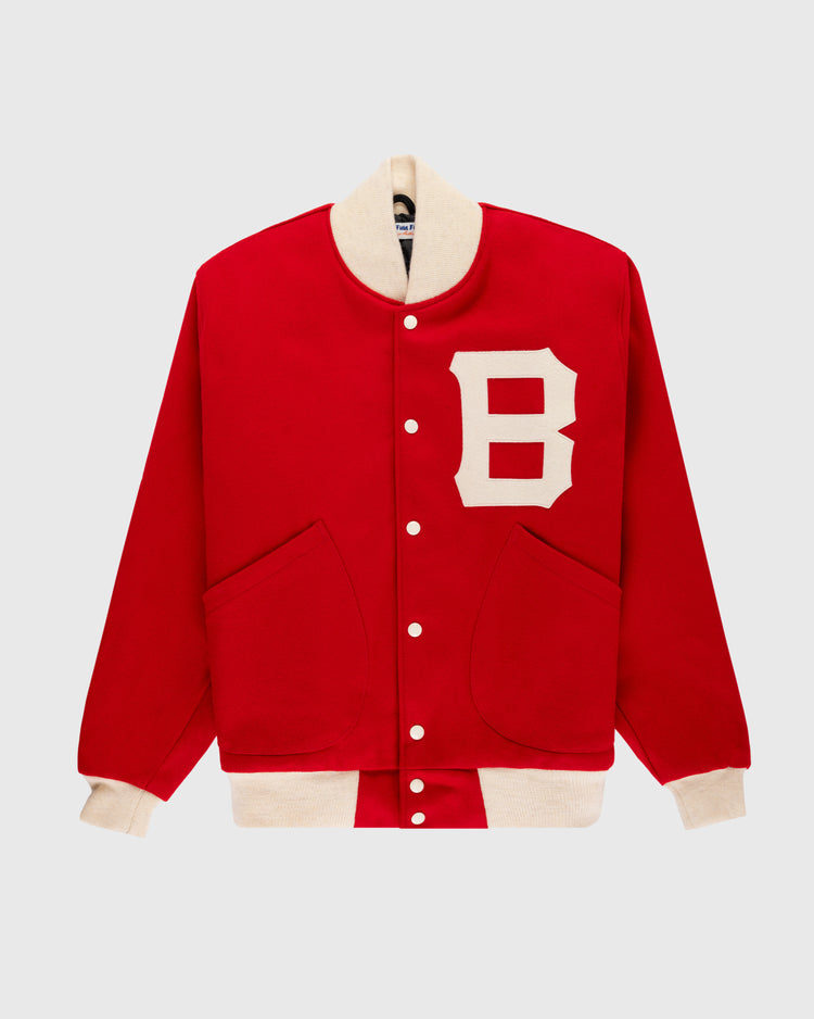 The EFF Boston Bees 1939 Authentic All Wool Varsity Jacket features red wool with cream cuffs, collar, and hem, a large white B on the left chest, snap buttons, and vintage sportswear style inspired by the 1939 team.